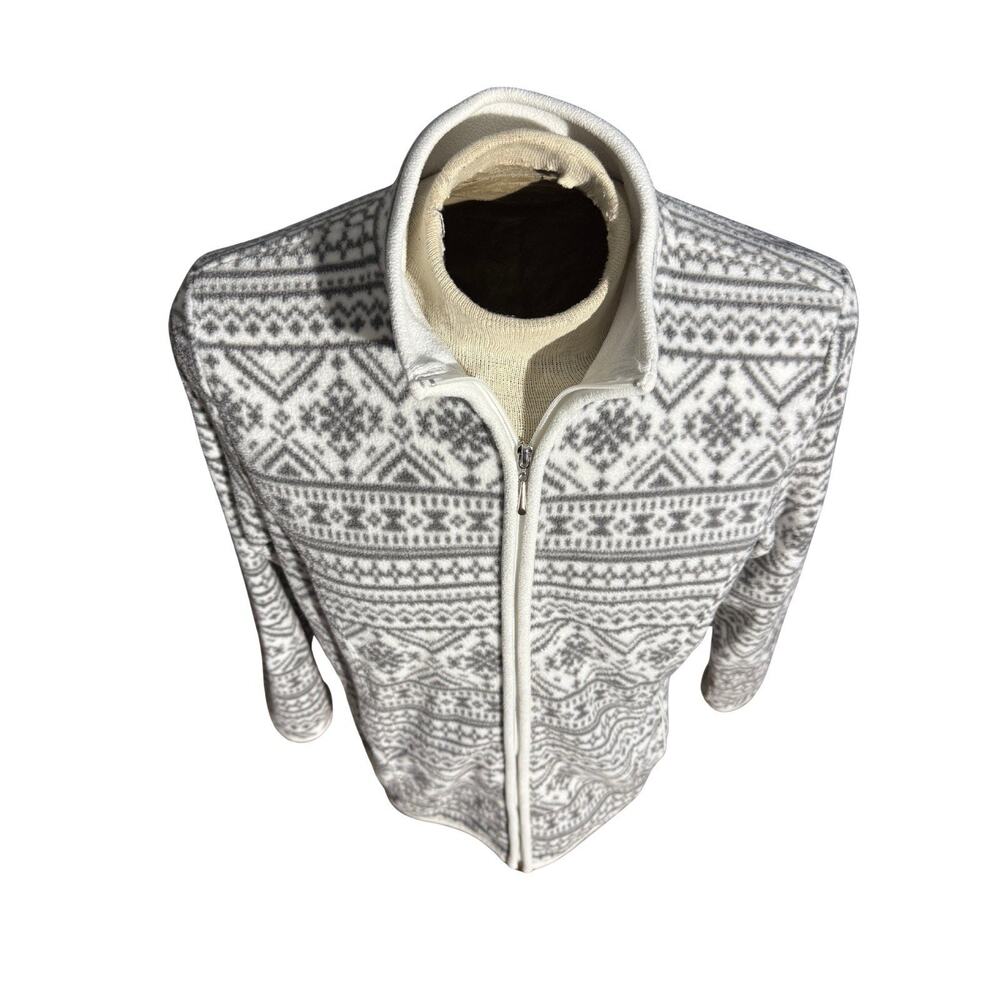 Karen Scott Sport Fleece Jacket Women’s L White Gray Fair Isle Full Zip Cozy - Picture 2 of 4